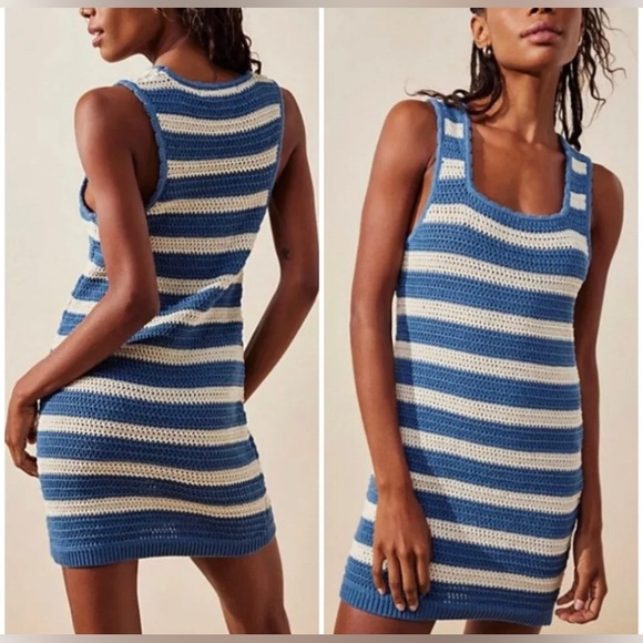 Free People Dresses & Skirts - Free People Beach Cotton Blend Striped Knit Tank Dress Blue & Cream Large
